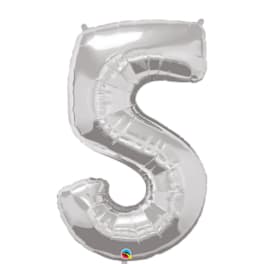 Silver foil balloon shaped like the number 5