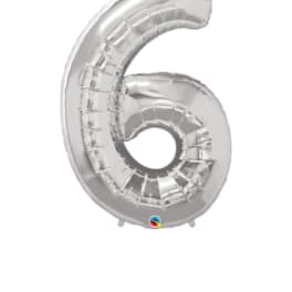 Silver foil balloon shaped like the number 6