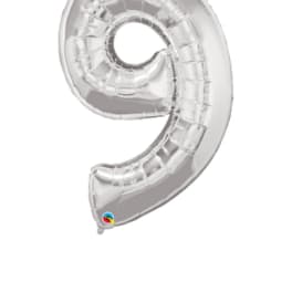 Silver foil balloon shaped like the number 9
