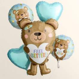 Bear-shaped balloons with "Feel Better" text and blue heart balloons
