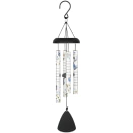 Hanging memorial wind chime with floral tubes and a black clapper