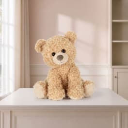 Plush teddy bear sitting on a white table