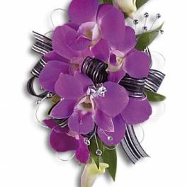 Purple orchid corsage with ribbon and silver accents