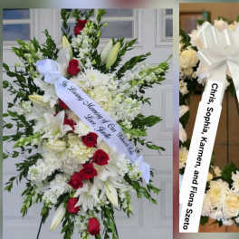 Sympathy Standing Spray - Red Roses & White Lily's