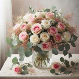 Pink and white roses arranged in a clear glass vase with round eucalyptus leaves