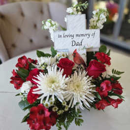 Red and white floral sympathy arrangement with a memorial cross for Dad