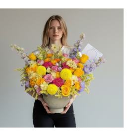 Large mixed bouquet in a gray vase with yellow, pink, and lavender flowers