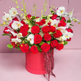 Red roses and white orchids arranged in a pink hat box
