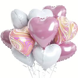 Cluster of heart-shaped pink, white, and marbled balloons