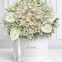 White floral arrangement with roses and calla lilies in a round box