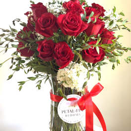 Long Stemmed Red, Pink or Yellow Roses with Seasonal Fillers