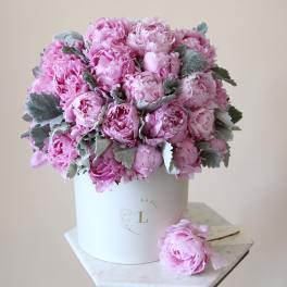Pink peony bouquet in a white hatbox with a single bloom beside it