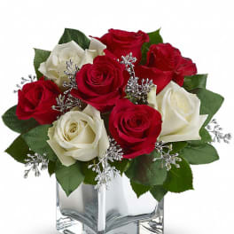 Red and white rose arrangement with silver accents in a clear glass cube vase