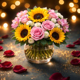 Pink roses and sunflowers in a clear glass vase