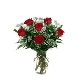 Red roses arranged in a clear glass vase with baby's breath
