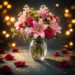 Pink lilies and roses arranged in a clear glass vase