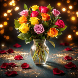 Mixed roses in a clear glass vase with rose petals around it
