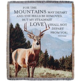 Fringed blanket with a deer and Bible verse text