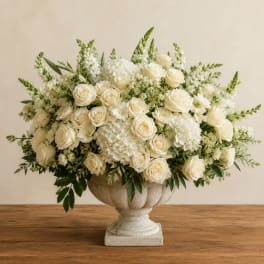 Cream rose and white hydrangea arrangement in a stone urn