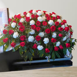 Red and white rose casket spray with greenery