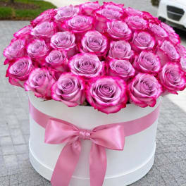 Pink roses arranged in a white round box with a pink ribbon bow