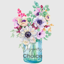 Watercolor bouquet of pastel flowers in a blue vase with "Designers Choice" text