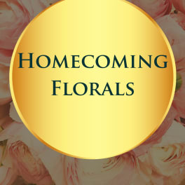 Pink ranunculus flowers behind a gold circle reading Homecoming Florals