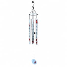 Hanging metal wind chime with printed tubes and a small bird tag