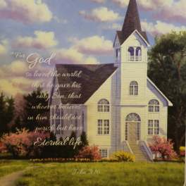 A church building under a cloudy sky with a Bible verse overlaid.