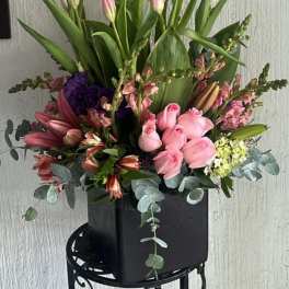Luxury Pink Tulips, Roses & Lilies Flower Arrangement