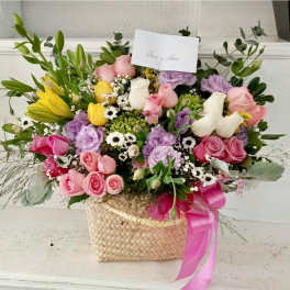 Garden Harmony | Luxury Roses, Lilies & Lisianthus Basket Arrangement