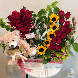 Ultimate Romance Gift Basket | Red Roses, Sunflowers, Teddy Bear & Ferrero Rocher