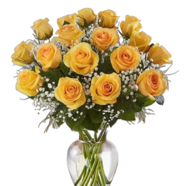 Yellow roses arranged in a clear glass vase with baby's breath