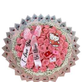 Pink rose bouquet with Hello Kitty wrapping and a satin ribbon