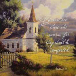 Painting of a white church with a steeple and a Bible verse about comfort