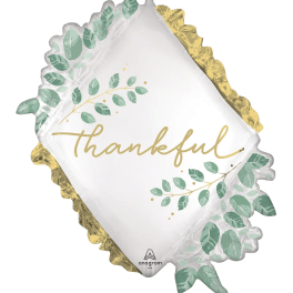Diamond-shaped foil balloon with the word thankful and leaf graphics