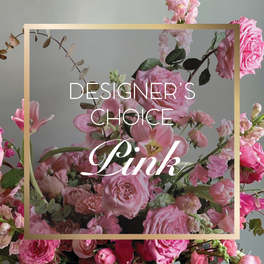 Pink floral arrangement with roses and tulips, overlaid with text