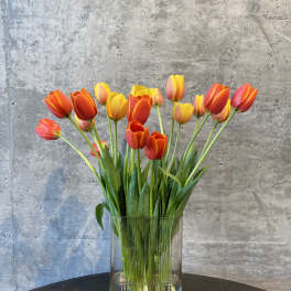 Bouquet of red, orange, and yellow tulips in a clear glass vase
