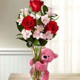 Hug Me Tender Valentine's Day Bouquet - VASE & BEAR INCLUDED