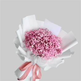 Pink baby's breath bouquet wrapped in white paper with a pink ribbon