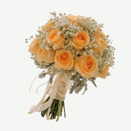 Peach rose bouquet with baby's breath and ribbon wrap
