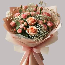 Bouquet of peach and pink roses wrapped in blush paper with a ribbon
