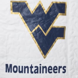 Blue and gold Mountaineers logo on a white quilted background