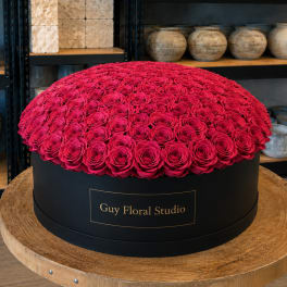 Large round box filled with red roses