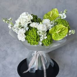 White and green bouquet with hydrangeas and anthuriums wrapped in sheer paper