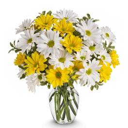 Yellow and white daisy bouquet in a clear glass vase