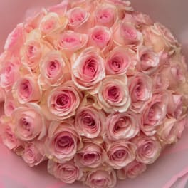 Round bouquet of pale pink roses wrapped in pink paper