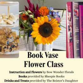 Sunflower bouquet beside stacked books and dessert trays with event text.