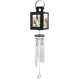 Black lantern-style wind chime with cardinal and floral panels