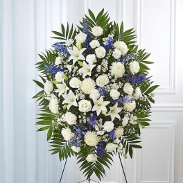 Deepest Sympathies Blue & White Standing Spray